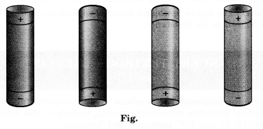 Figure shows four cells fixed on a board. Draw lines to indicate how you will connect their terminals with wires to make a battery of four cells.